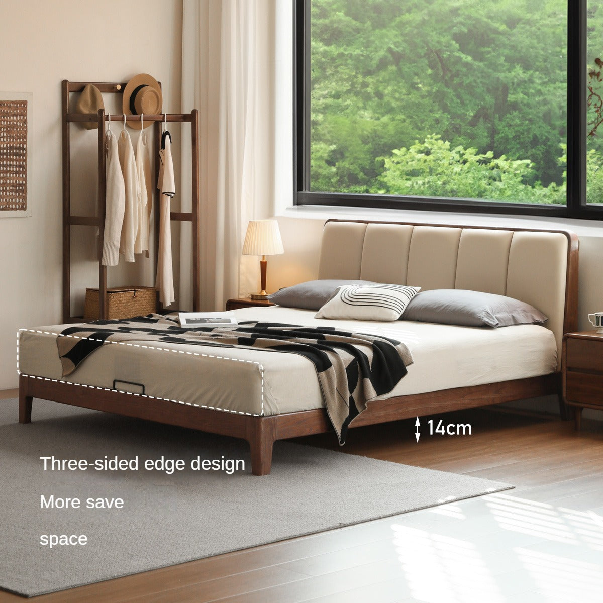 Oak, Rubberwood Solid Wood Genuine Leather, eco Leather Bed Modern