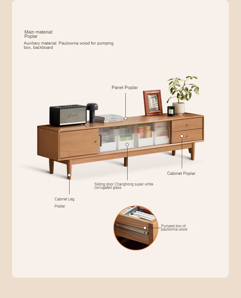 Poplar Solid Wood Glass Sliding Door Storage TV cabinet.