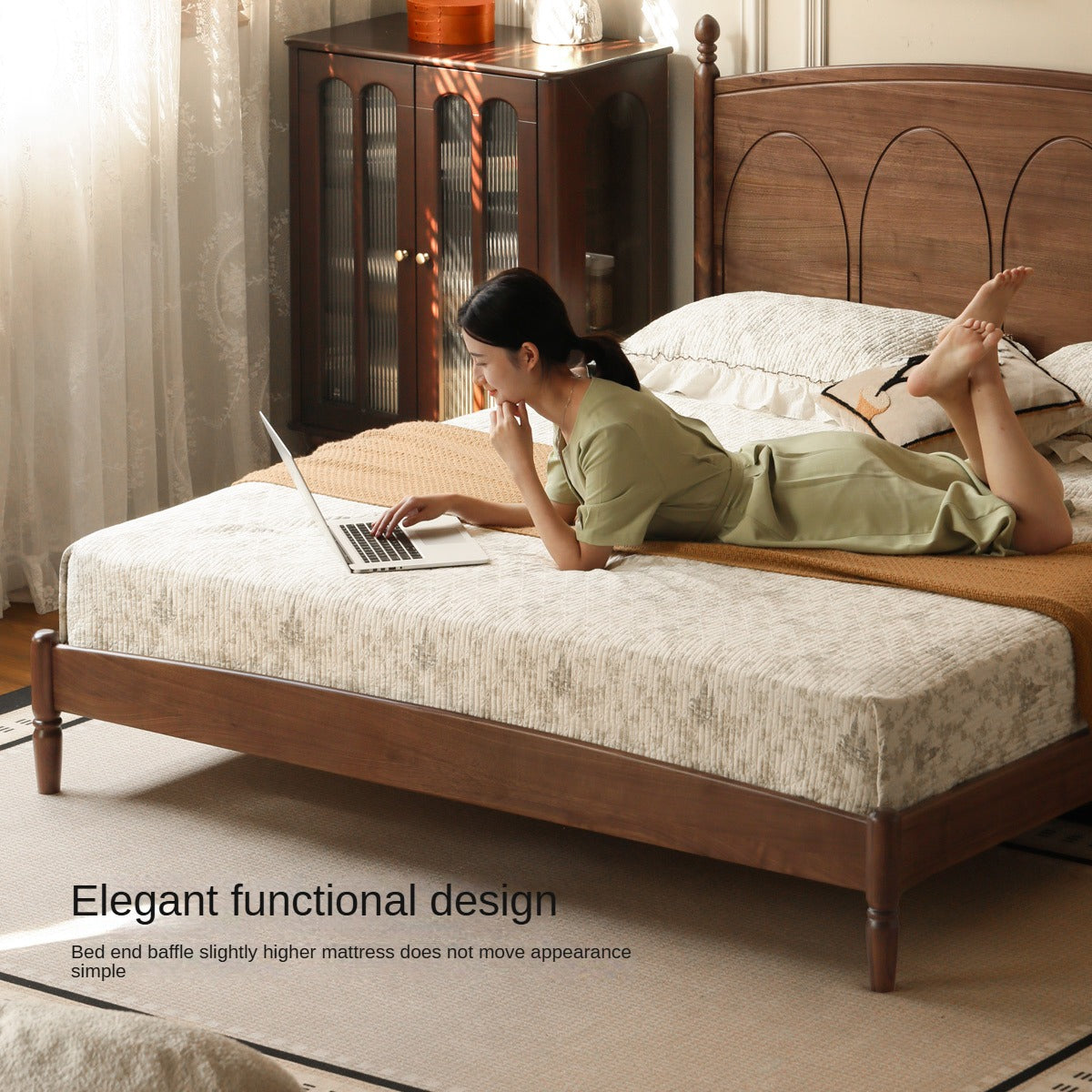 Black Walnut, Poplar Solid Wood Big Bed Retro French