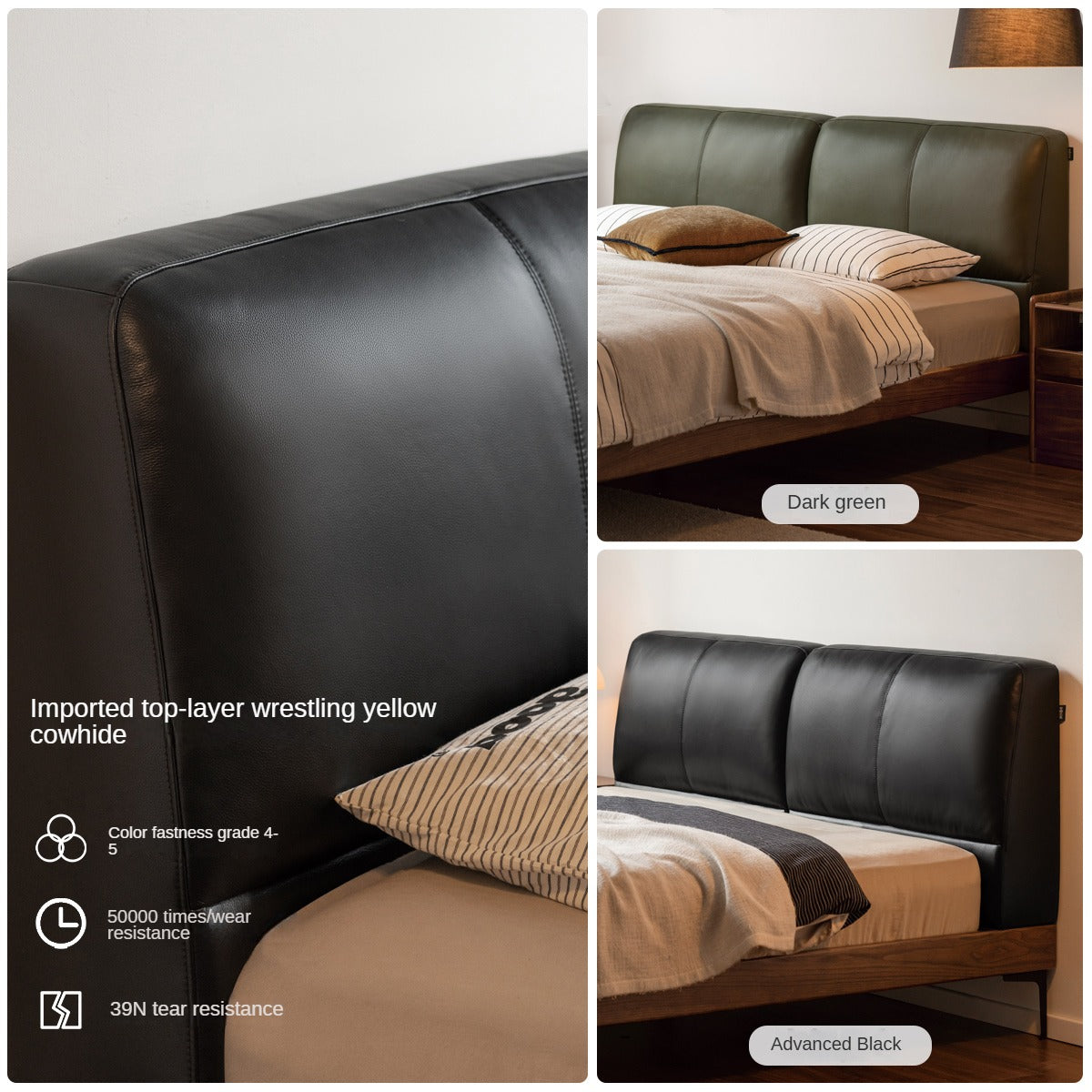 Oak,Black Walnut Solid Wood Soft Genuine Leather Bed Light Luxury