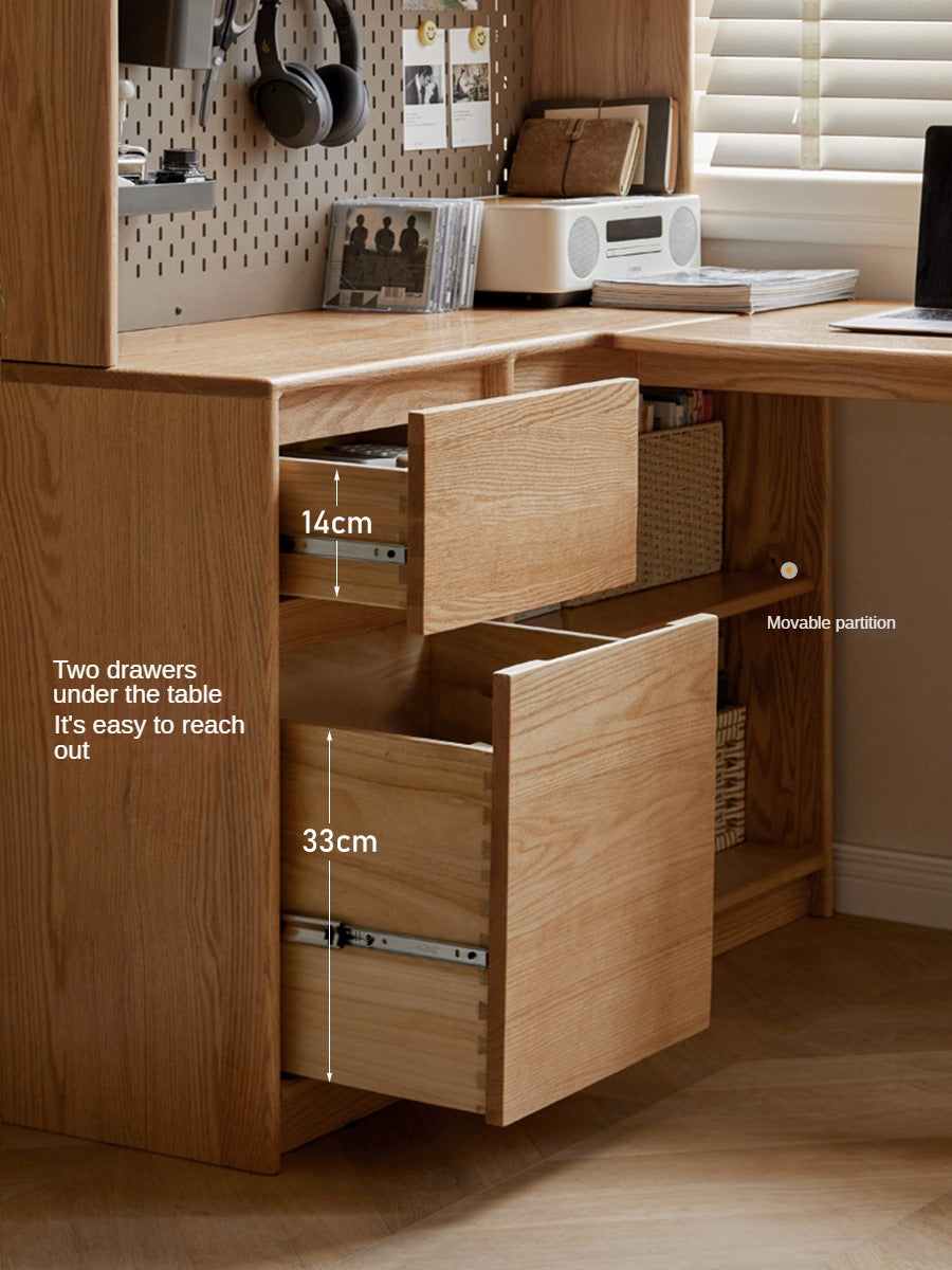 Oak Solid Wood Desk Bookcase Integrated Corner Office Table
