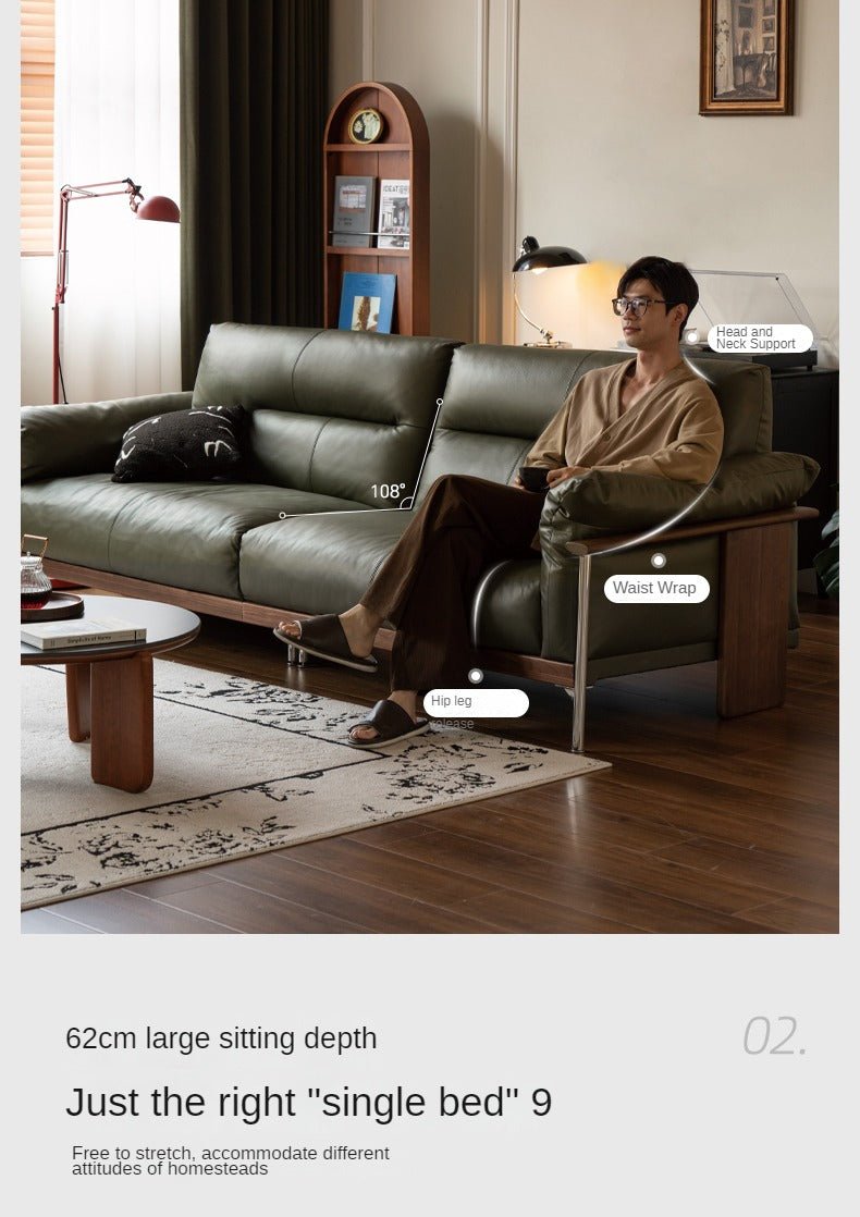 Black Walnut Solid Wood Italian Leather Sofa-