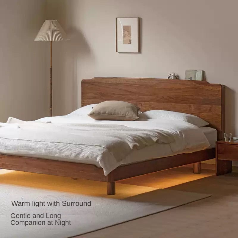 Black Walnut, Ash Solid Wood Big Bed with Light