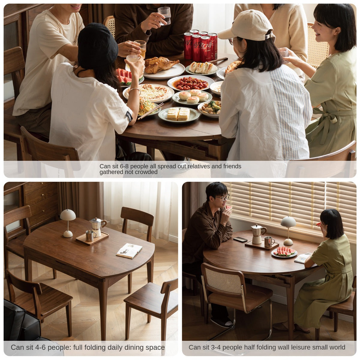 Black Walnut, Oak Solid Wood Modern Folding Round Dining Table