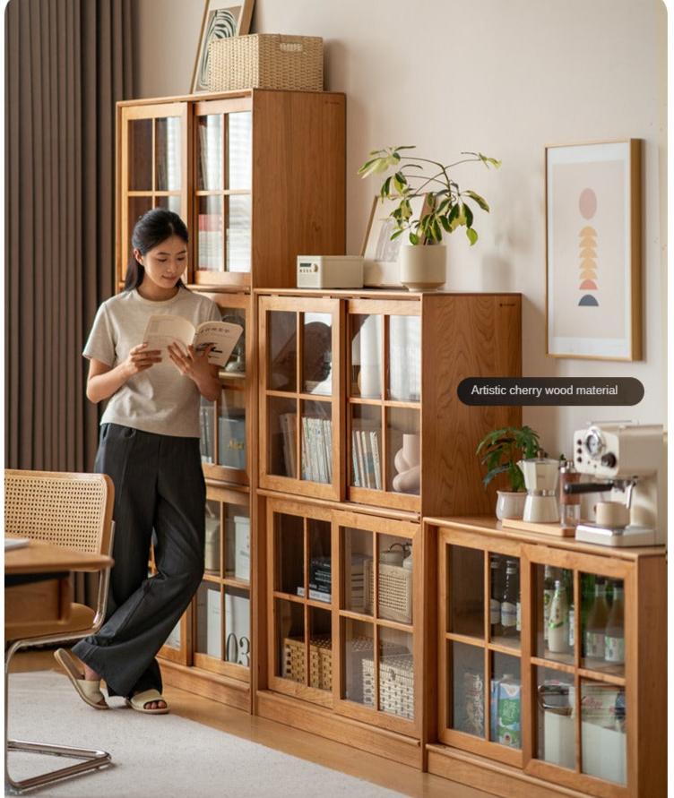 Black Walnut, Oak Solid Wood Sliding Door Bookcase