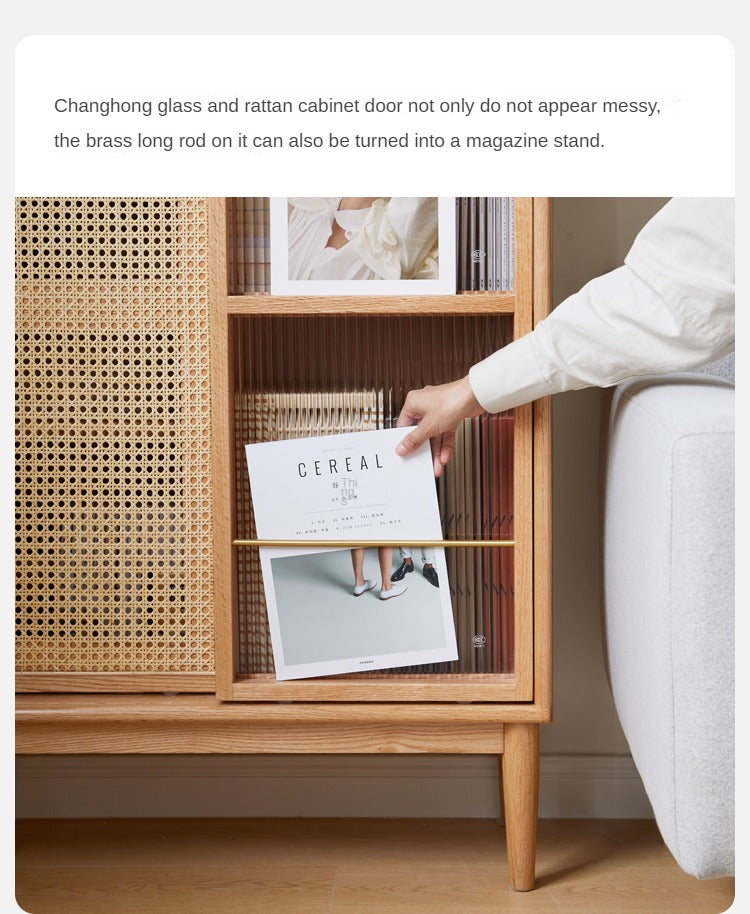 Oak Solid Wood Sliding Door Storage LED lights, Side Cabinet