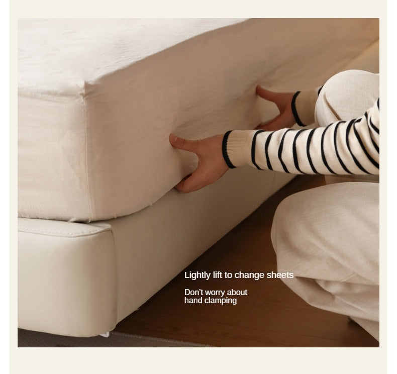 Leather platform bed, headboard-free floating bed cream style