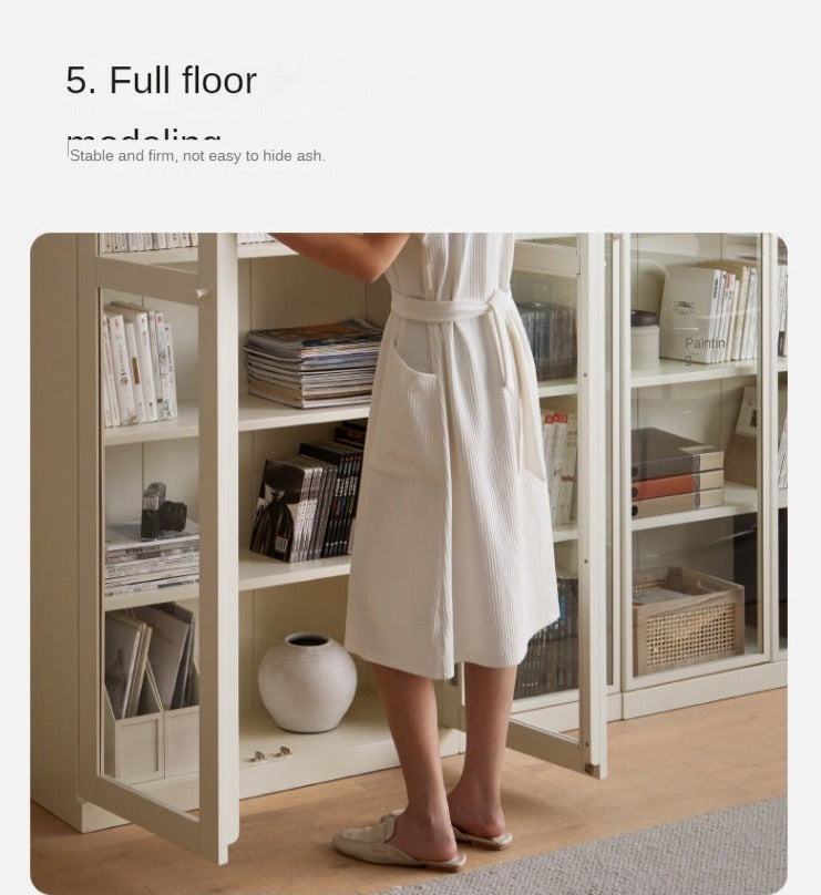 Poplar Solid Wood Combination Bookshelf Wall-To-Ceiling Bookcase Glass Door Display Cabinet Cream Style<