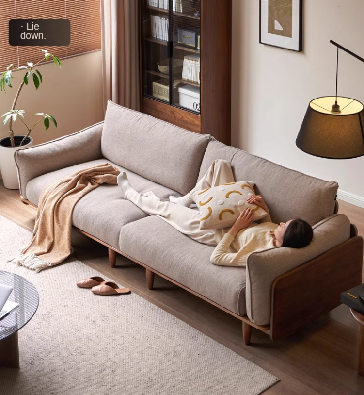 Oak Solid Wood Leather, Fabric Straight Sofa.