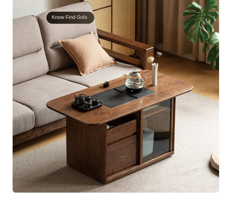 Ash Solid Wood Mobile Tea Brewing Integrated Tea Table