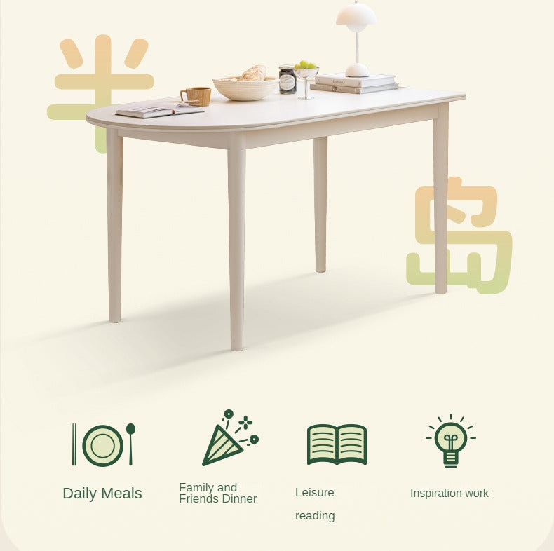 Rubberwood Solid Cream Style Semi-Circular Rock Plate Dining Table
