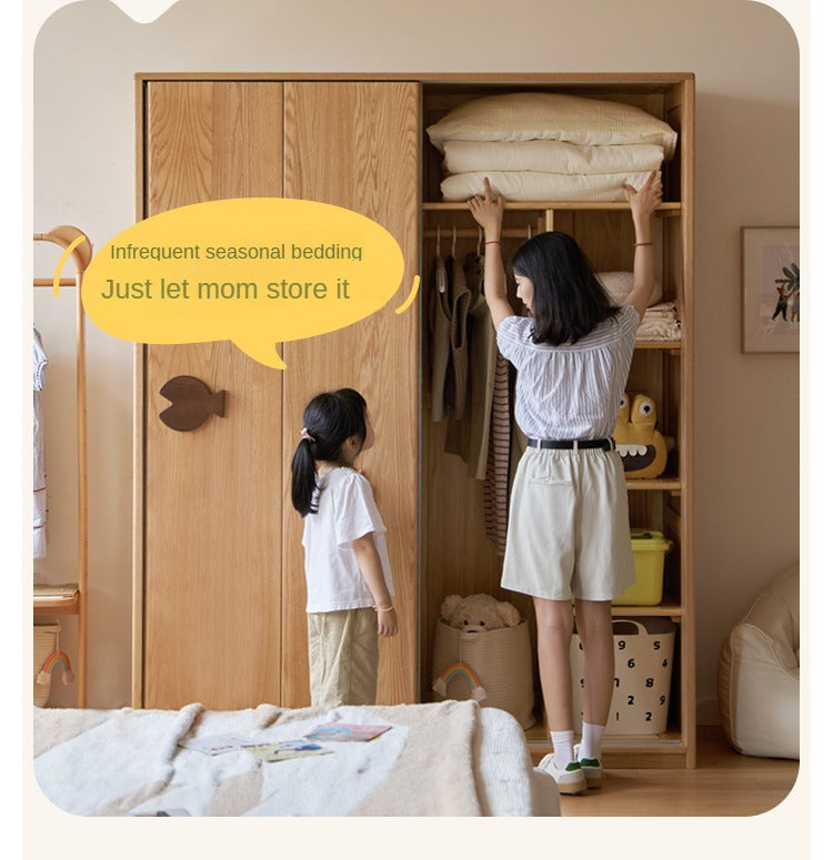 Oak Solid Wood Children's Sliding Door Wardrobe Storage Cabinet