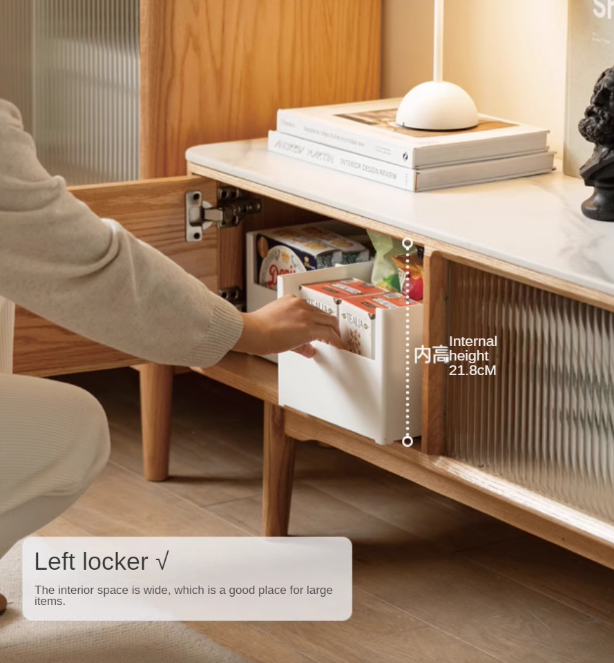 Oak, Poplar, Beech Solid Wood Sliding Door TV Stand With Rock Slab Surface.