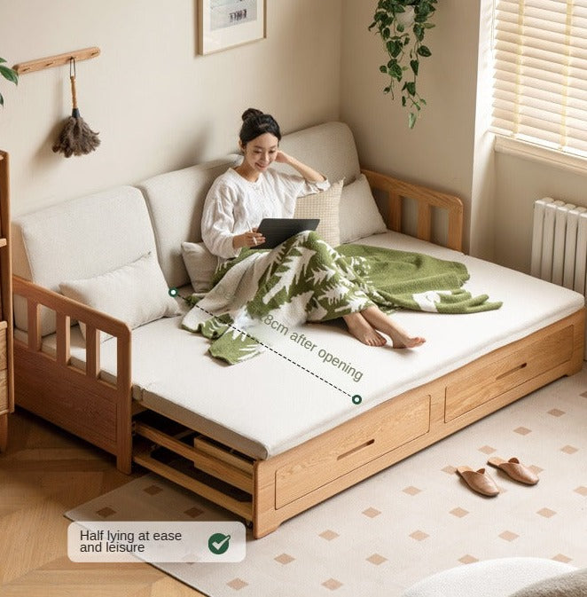 Oak Solid Wood Sofa Bed Folding Retractable Storage.