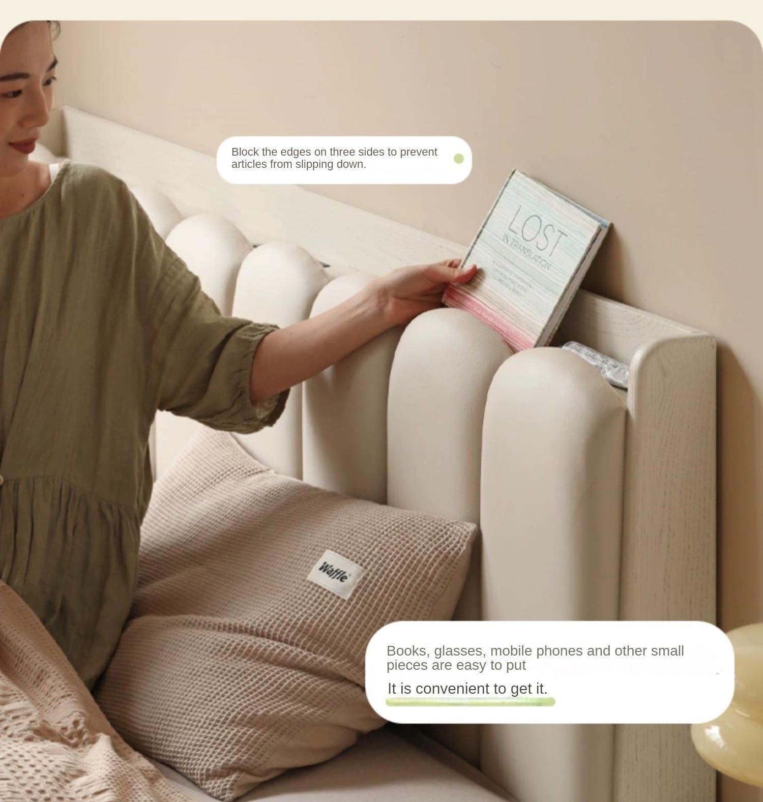 Oak Solid Wood Bed — Cream Style with White Harp Design, Home Charging Soft Backrest