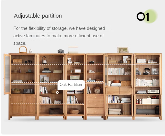 Oak Solid Wood Bookcase With Glass Door.