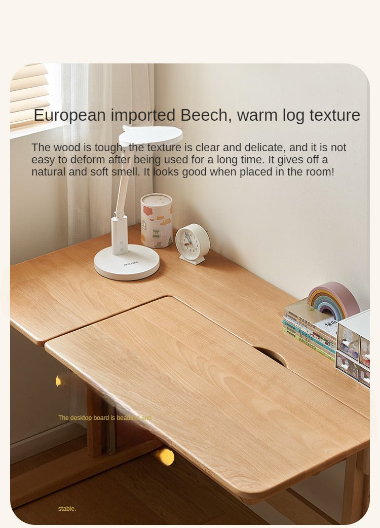 Beech Solid Wood Lifting Kids Table With Self/Chair/High Shelf