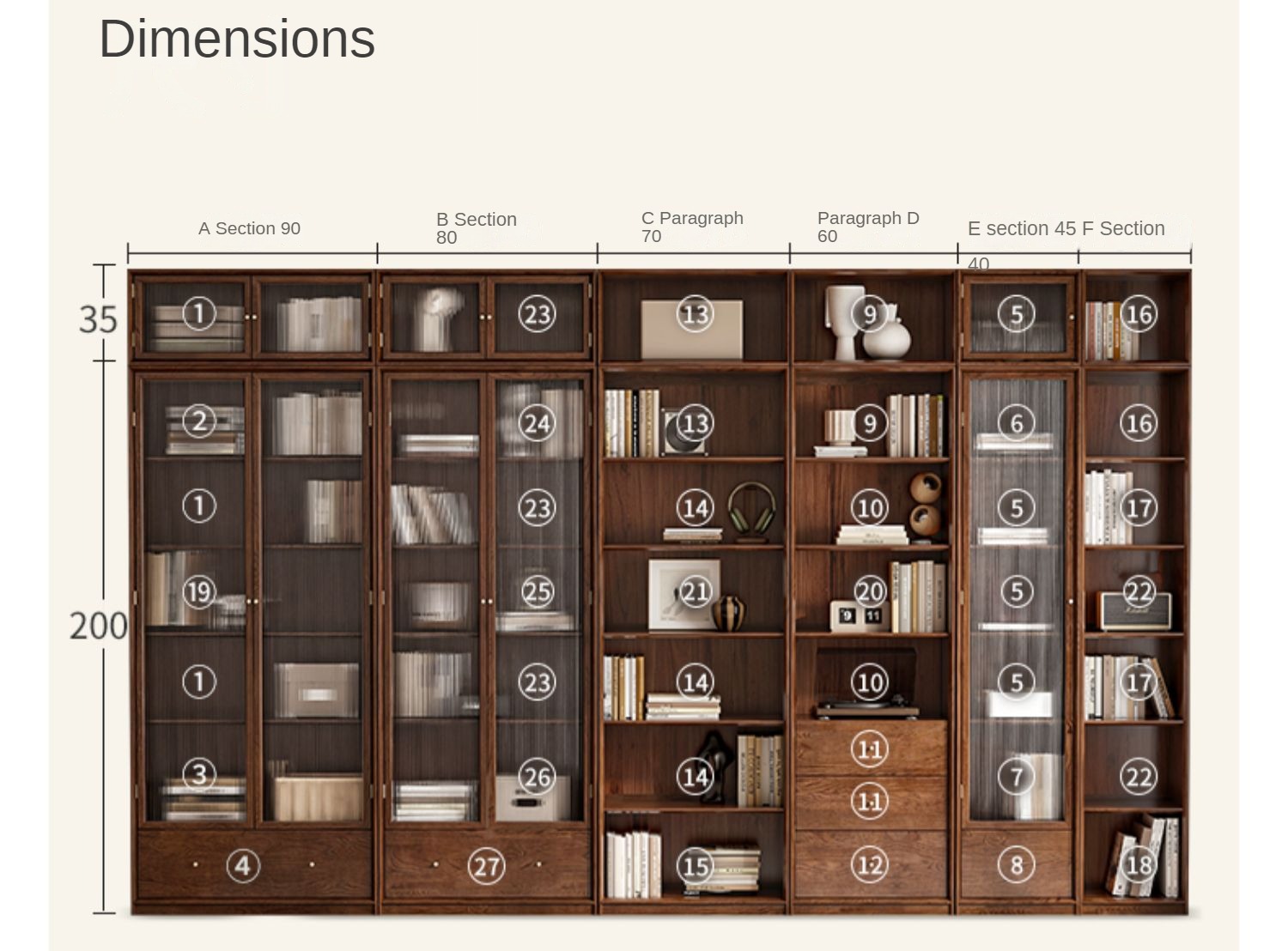 Oak Solid Wood Dust-Proof Glass Door Wall Floor-To-Ceiling Bookshelf