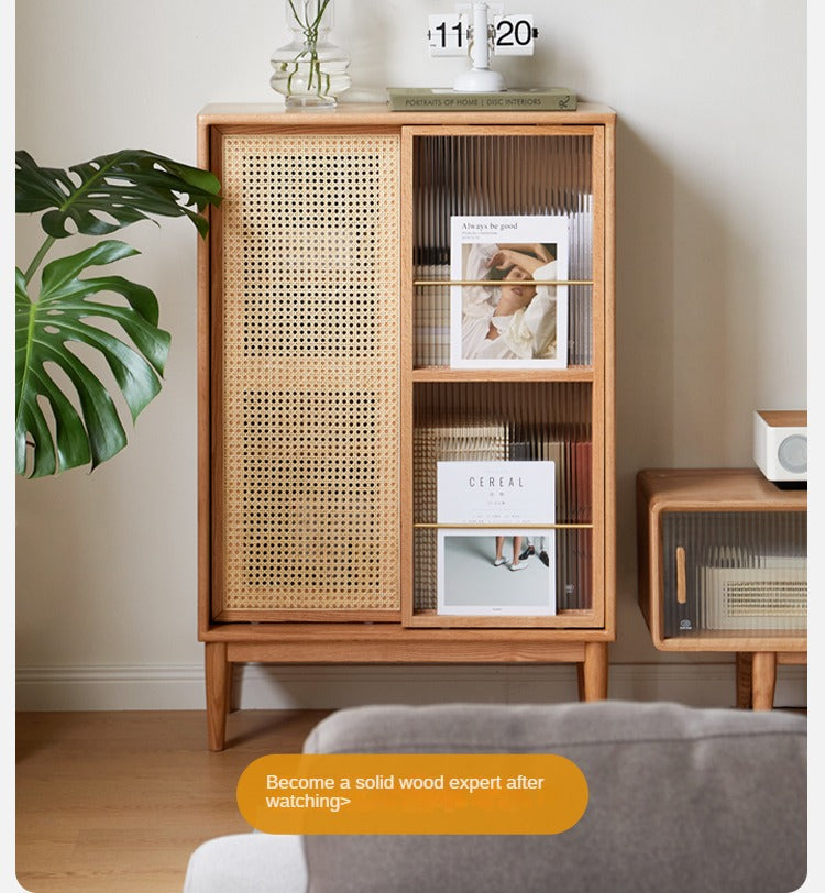 Oak Solid Wood Sliding Door Storage LED lights, Side Cabinet