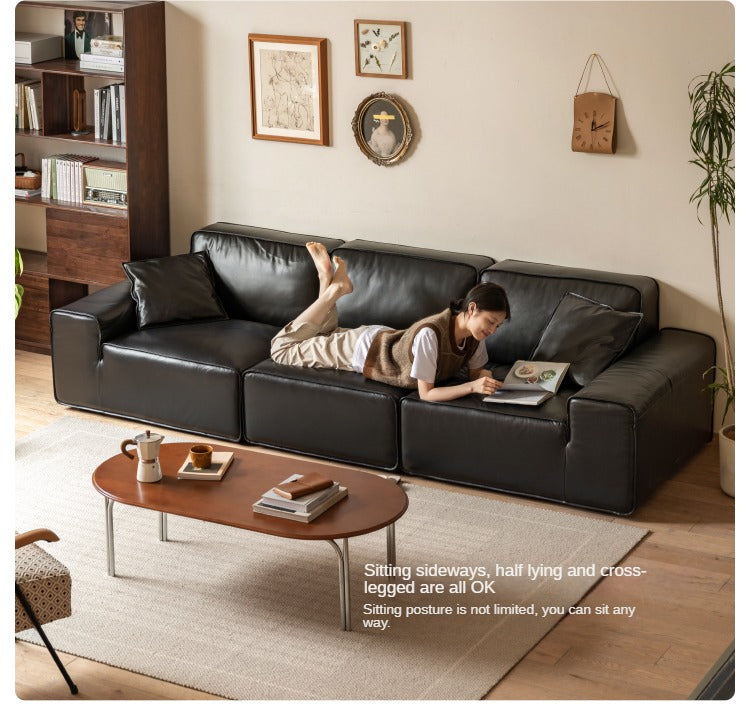 Top-grain Cowhide Leather Black Sofa.