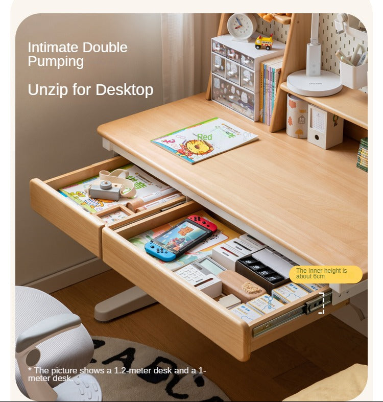 Beech Solid Wood Height-Adjustable Kids Desk with Bookshelf Hutch