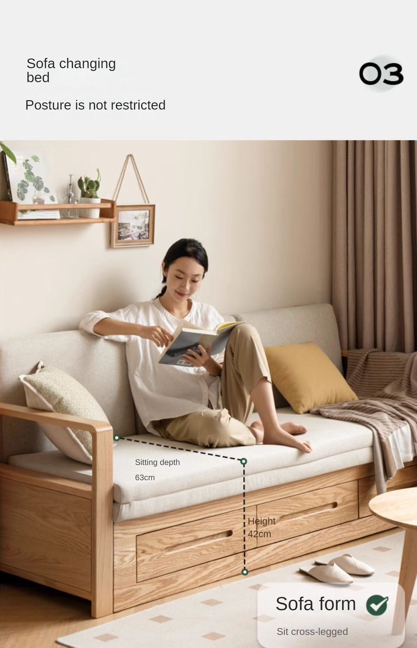 Oak, Ash Solid Woof Folding Storage Sofa Bed.