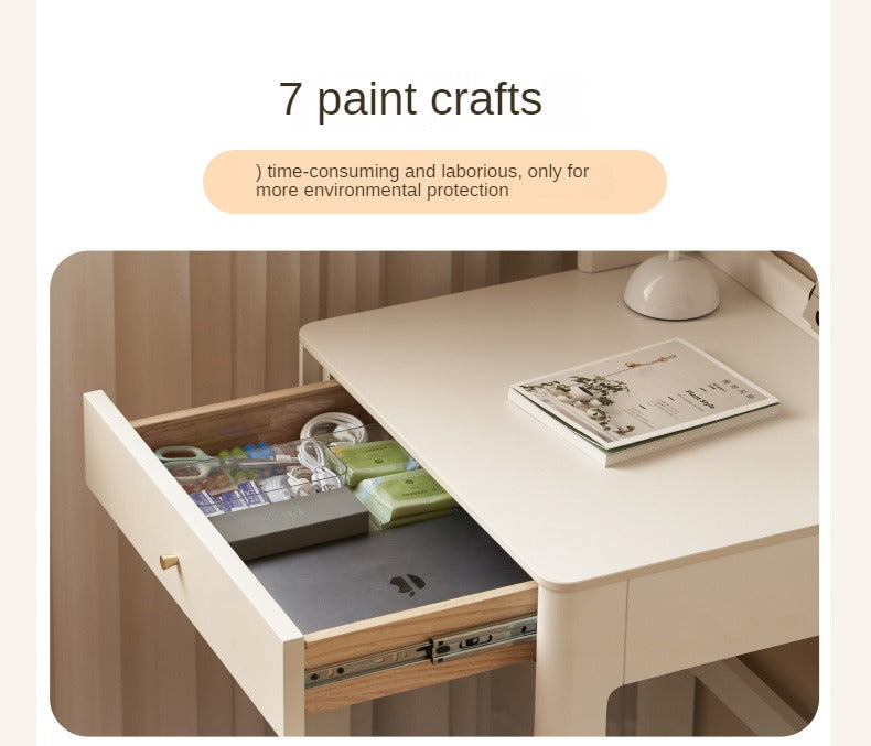 Poplar Solid Wood Rock Board Desk Bookshelf Integrated White Cream