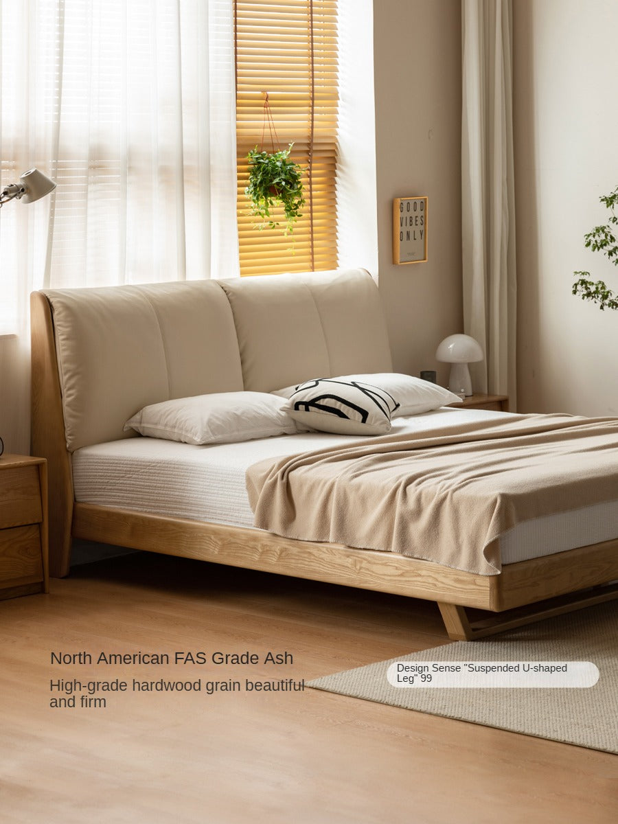 Oak, Ash Solid Wood Leather Soft Bed Italian Light Luxury.