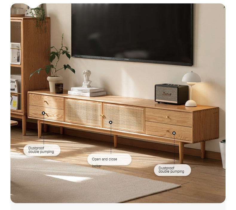 Oak Solid Wood Rattan TV Cabinet