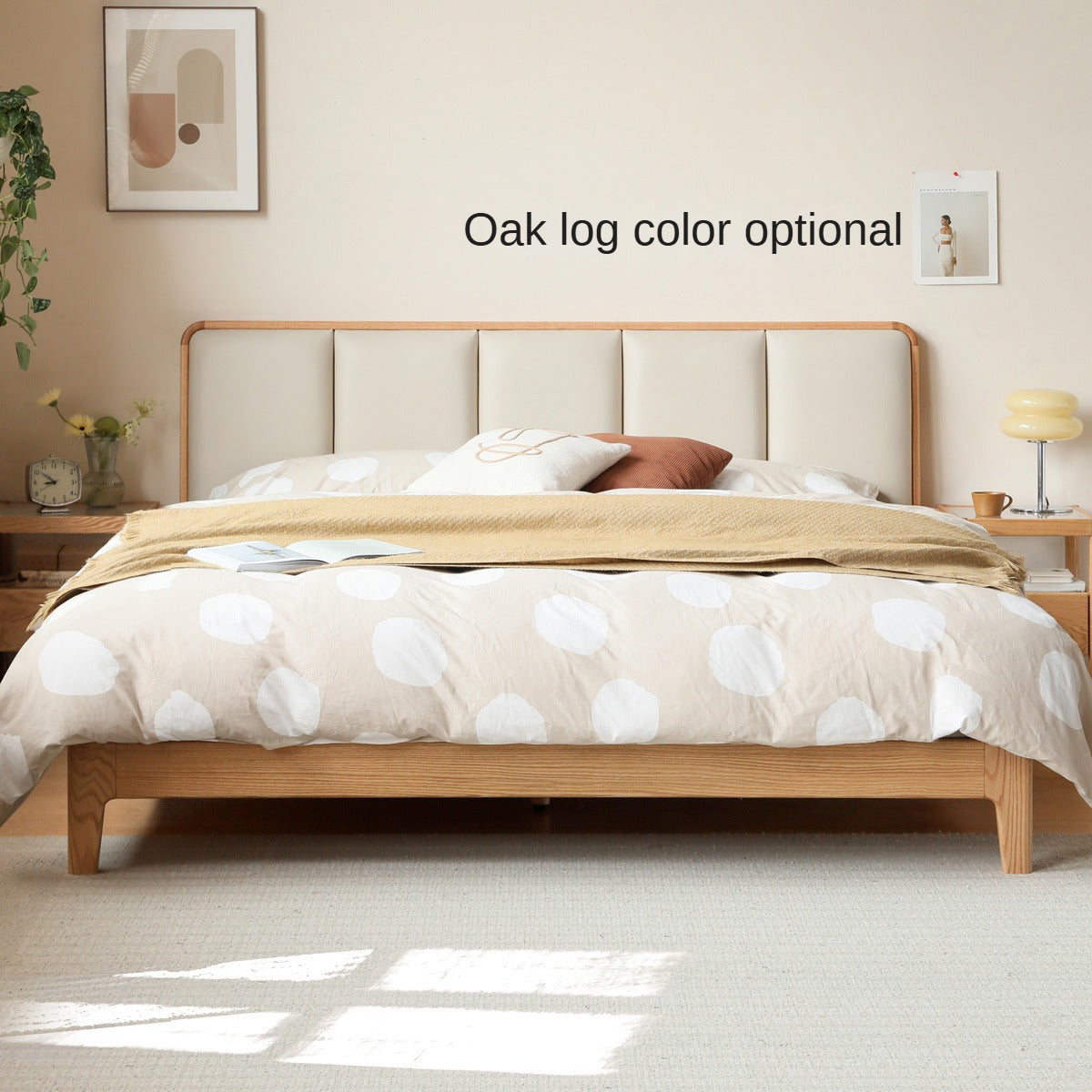 Oak, Rubberwood Solid Wood Genuine Leather, eco Leather Bed Modern