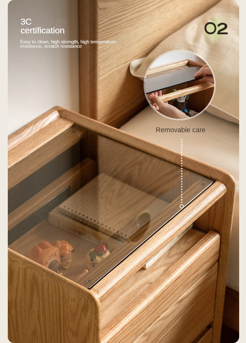 Ash, Oak Solid Wood Movable Glass Small Nightstand