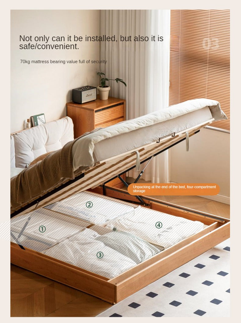 Cherry Solid Wood Box Bed Top Genuine Leather, Corduroy Suspended Bed