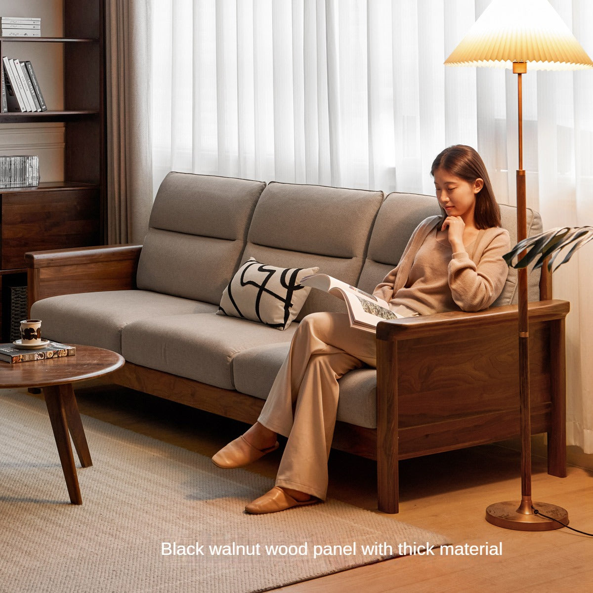 Sandalwood, Black Walnut Solid Wood Fabric Sofa.