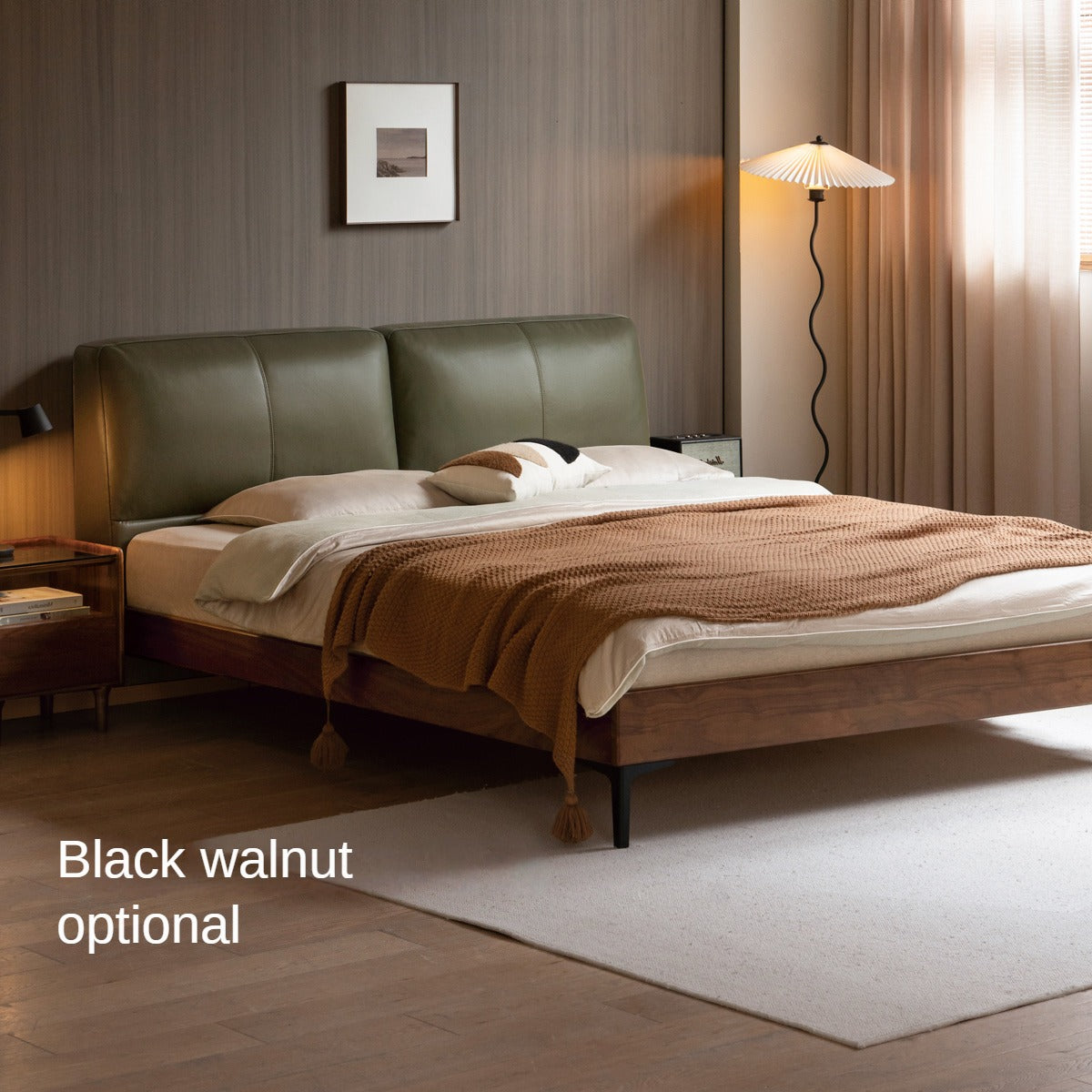 Oak,Black Walnut Solid Wood Soft Genuine Leather Bed Light Luxury