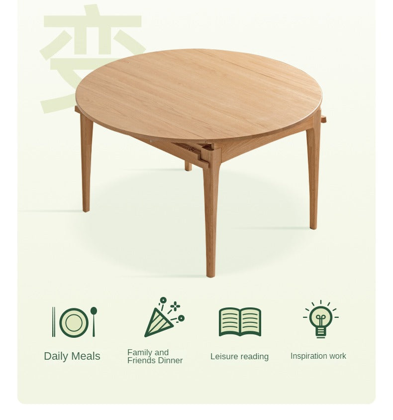 Solid Rubberwood, Oak Solid Wood Folding Round Retractable Dining Table