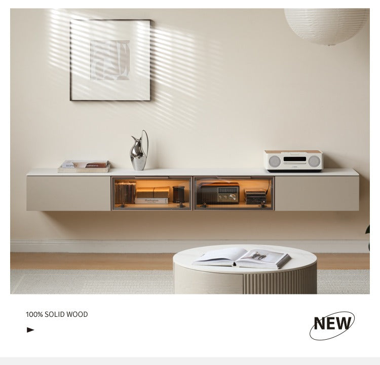 Poplar Solid Wood Wall Mounted TV Cabinet with Light.