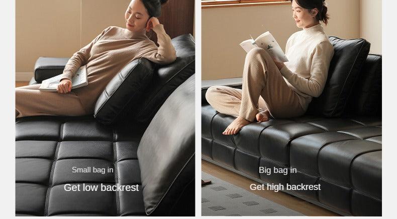 Leather Sofa Italian Black Straight Head Layer Yellow Cowhide.