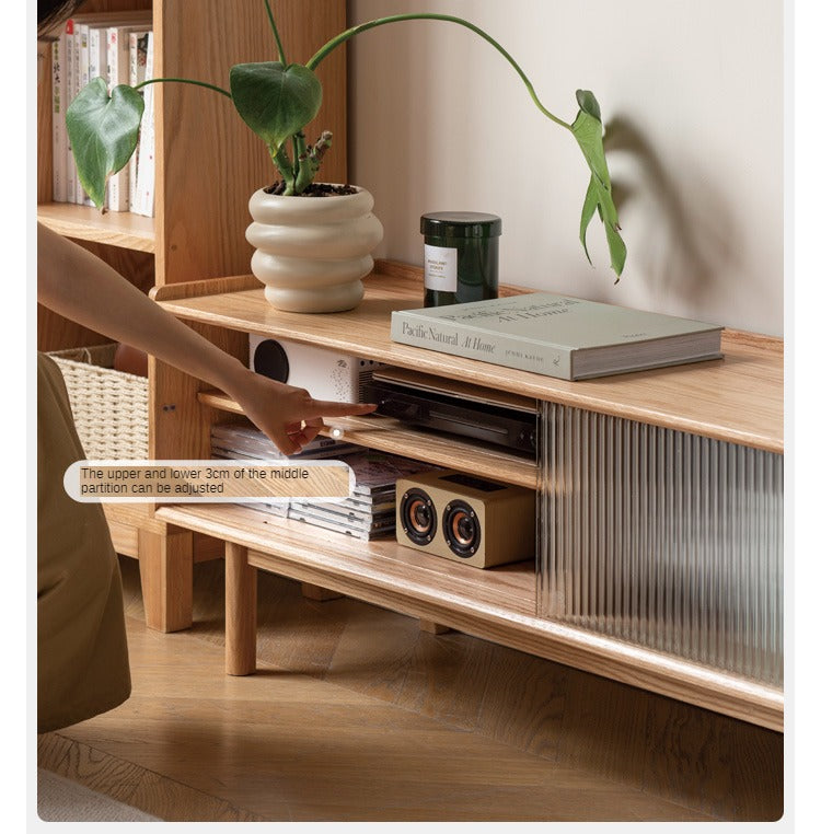 Oak Solid Wood TV Stand Sliding Door.