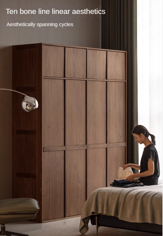 Oak, Cherry Wood, Black Walnut Solid Wood Retro Style Skeleton Line Large Wardrobe.