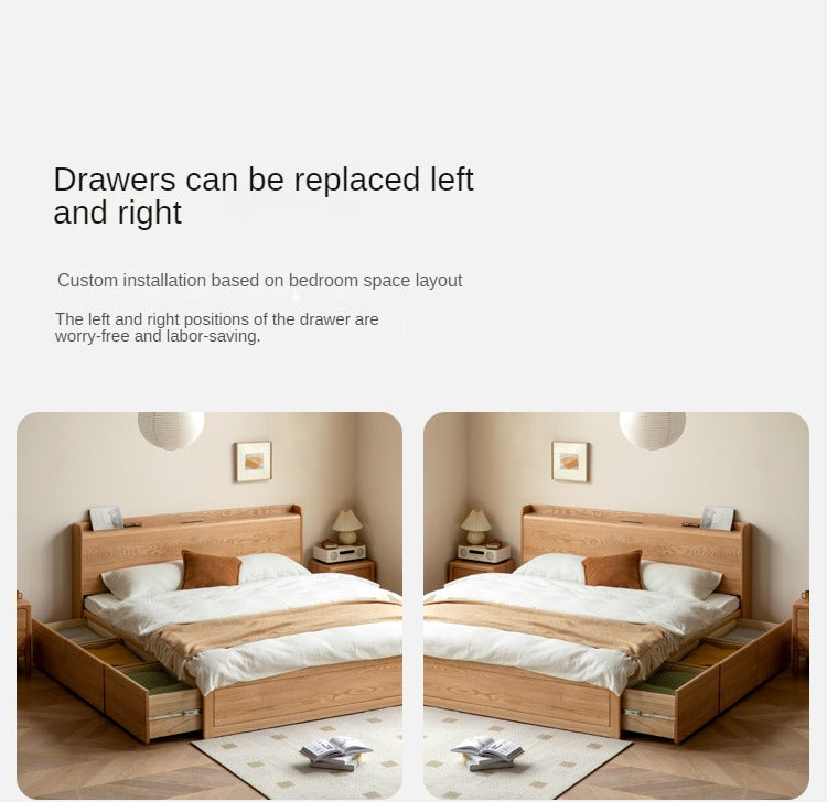 Oak Solid Wood Drawer Storage Bed with Sockets Box Bed