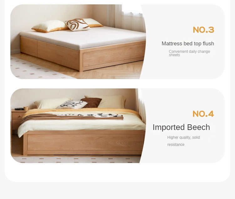 European Beech solid wood platform bed, headboard-free bed with drawer box bed.