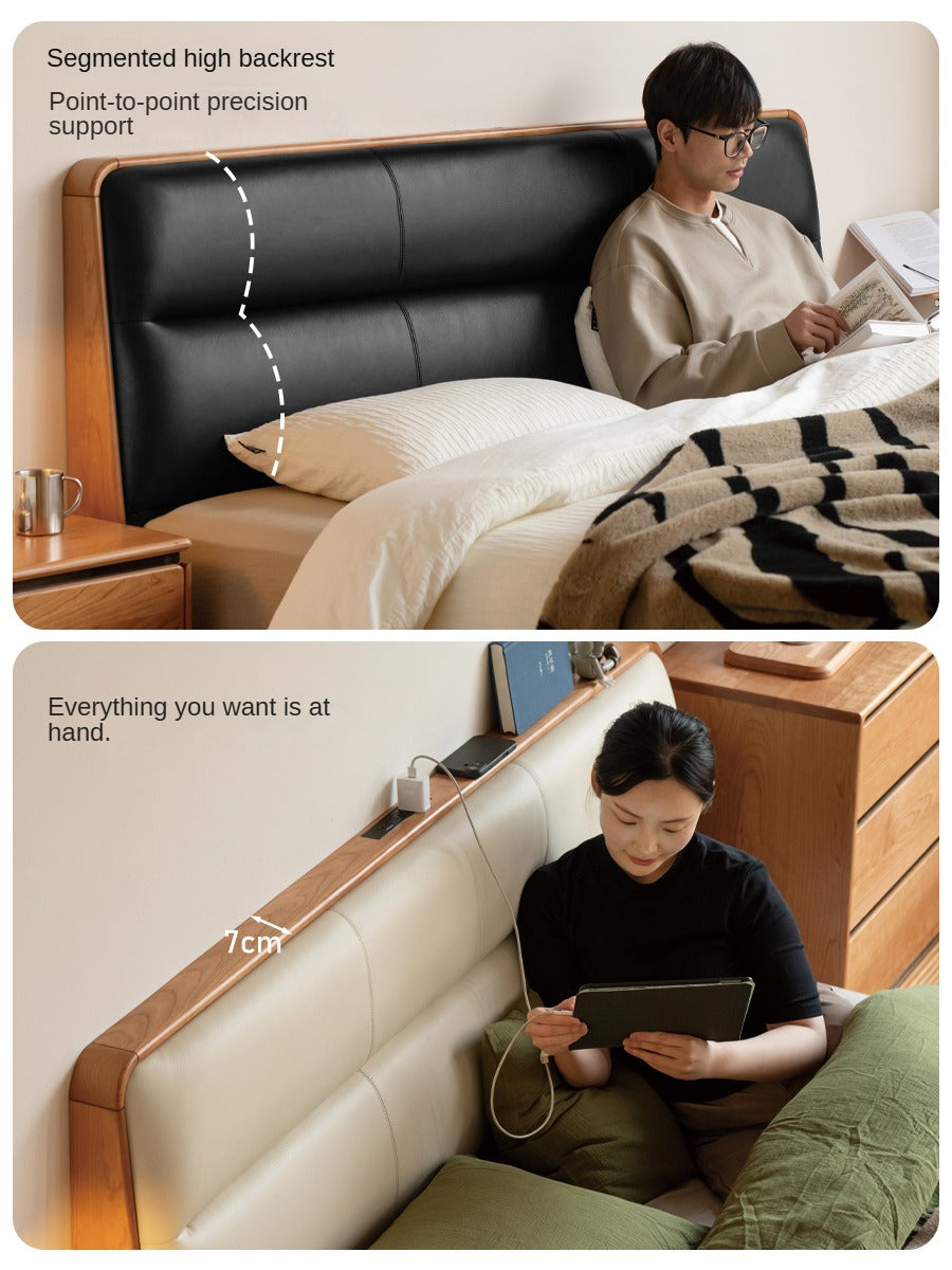 Cherry Solid Wood Bed with Retro Edge and Soft Headboard