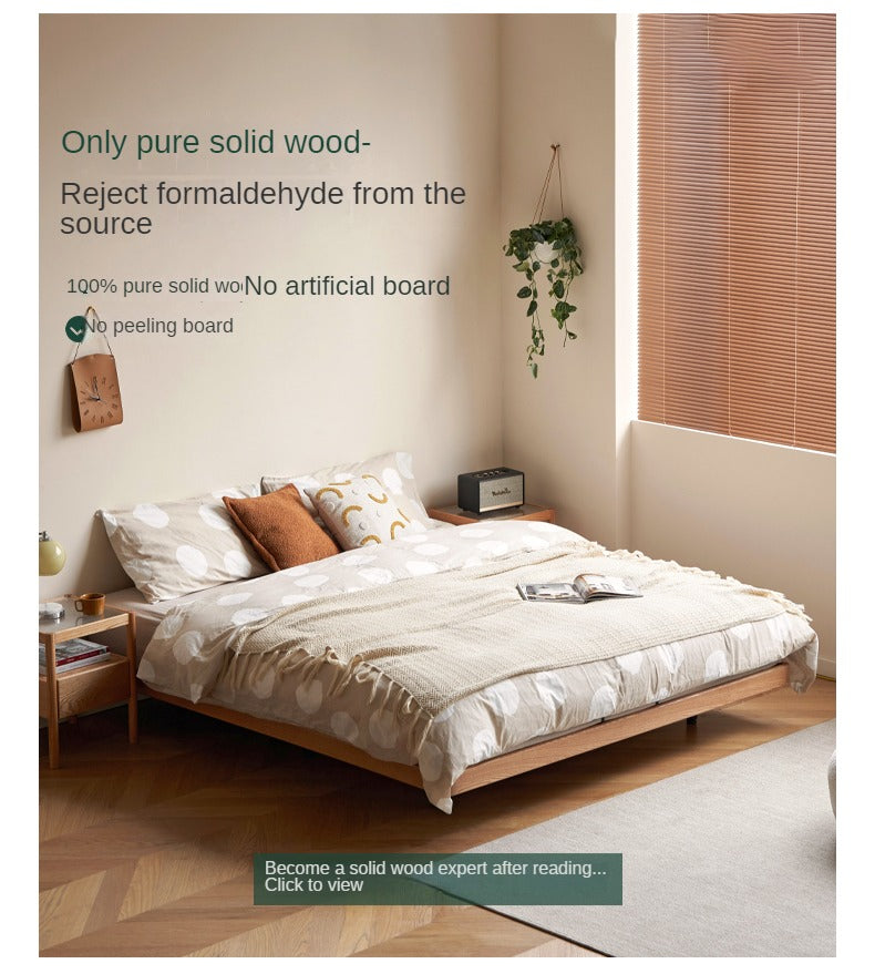 Oak Solid Wood platform bed, headboard-free bed Night Light Suspended Bed