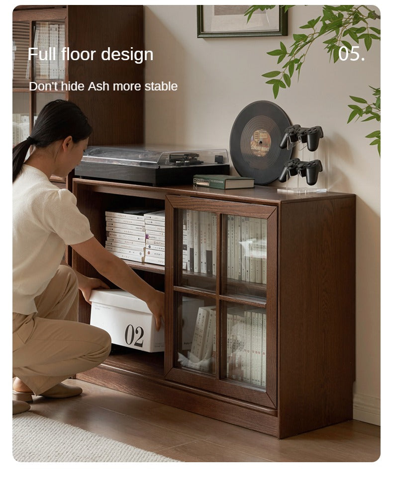 Black Walnut, Oak Solid Wood Sliding Door Bookcase