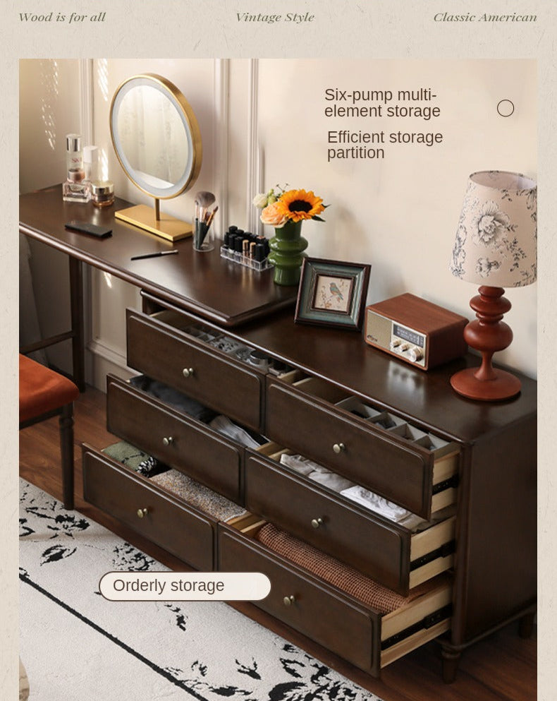 Black Walnut, Poplar Solid Wood American Retro Retractable Dressing Table.