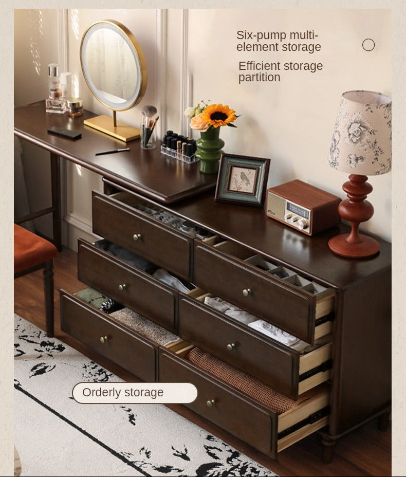 Black Walnut, Poplar Solid Wood Traditional Dresser with Attached Vanity Desk Extension and Turned Legs