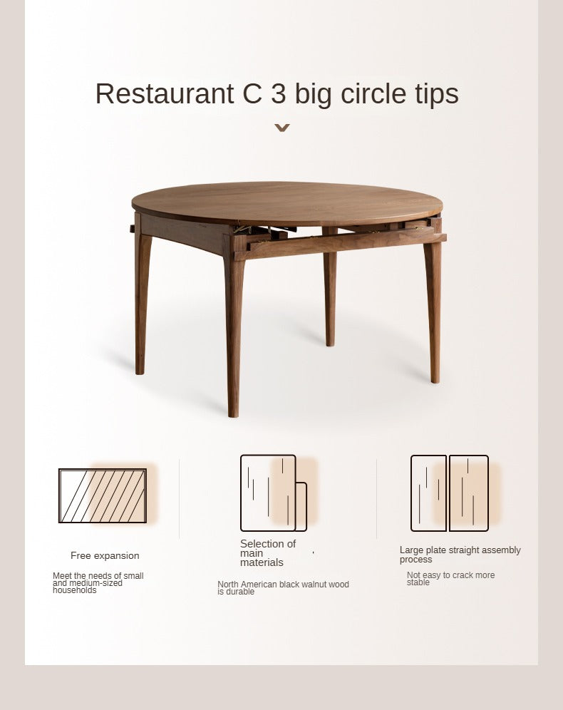 Black Walnut, Oak Solid Wood Modern Folding Round Dining Table