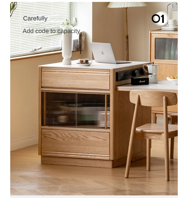 Oak Solid Wood Island + Table Integrated Retractable Rock Board