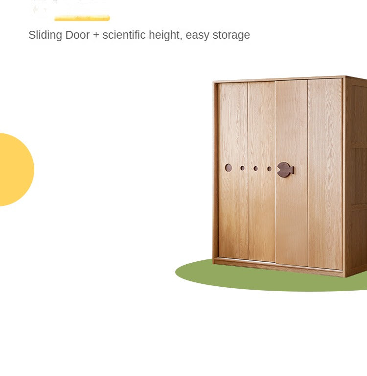 Oak Solid Wood Children's Sliding Door Wardrobe Storage Cabinet