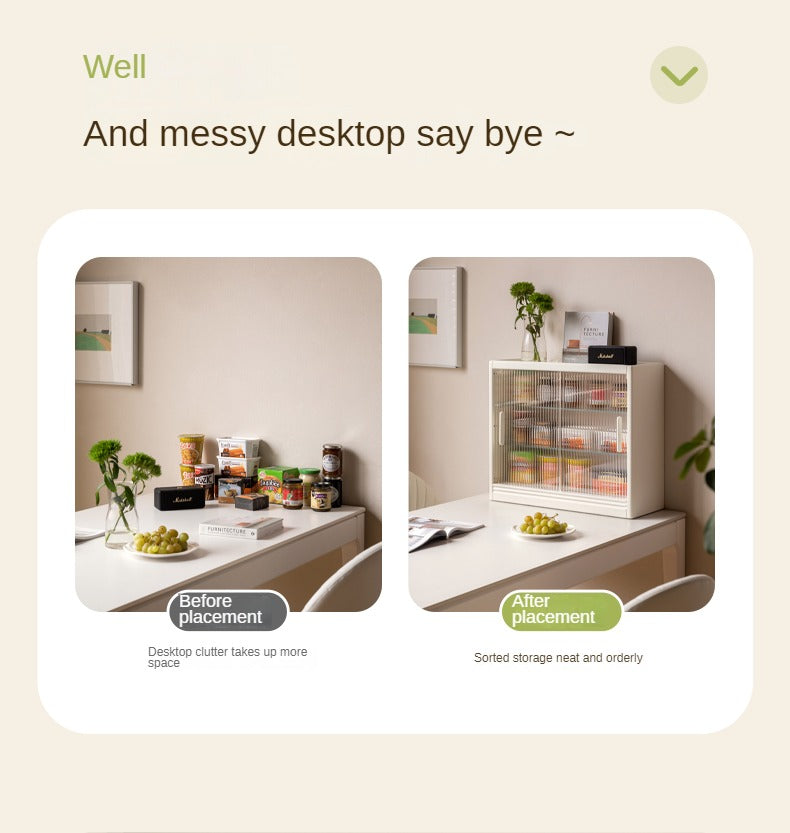 Solid Rubberwood Desktop Storage Cabinet Glass Sliding Door